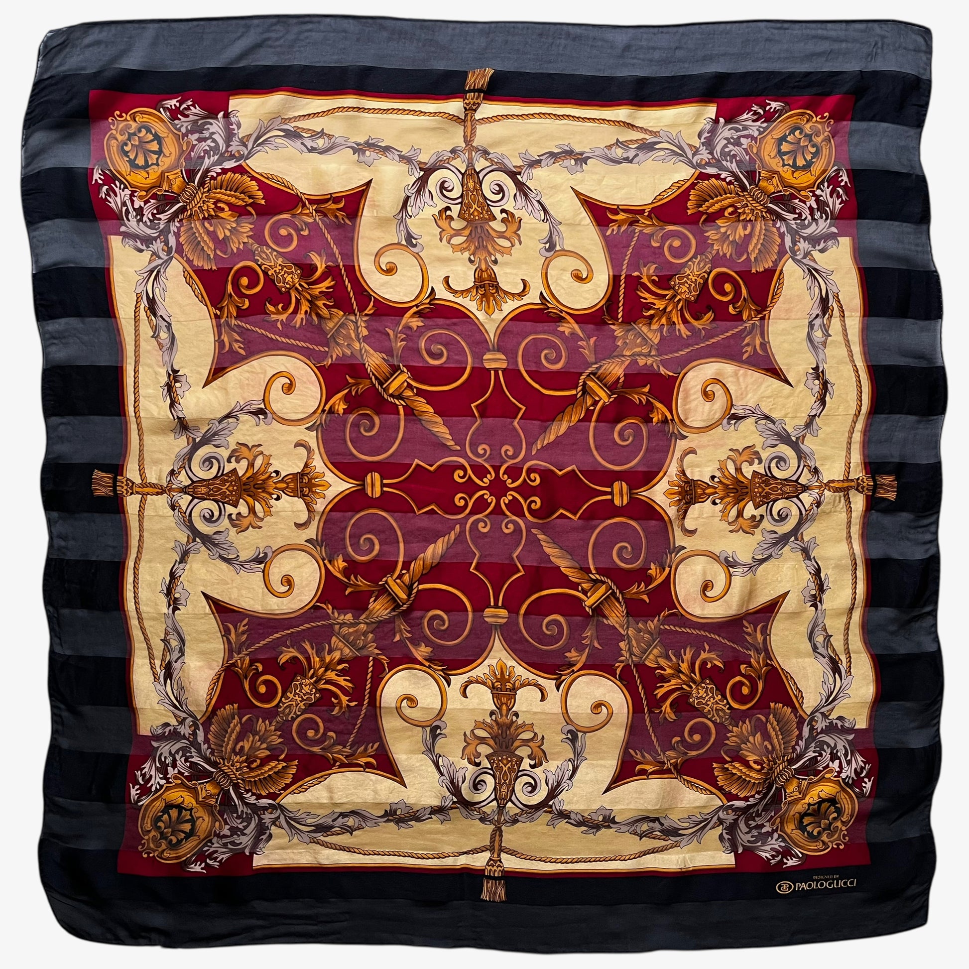 Vintage 80s women's Paolo Gucci black and yellow striped silk scarf features a golden baroque print.