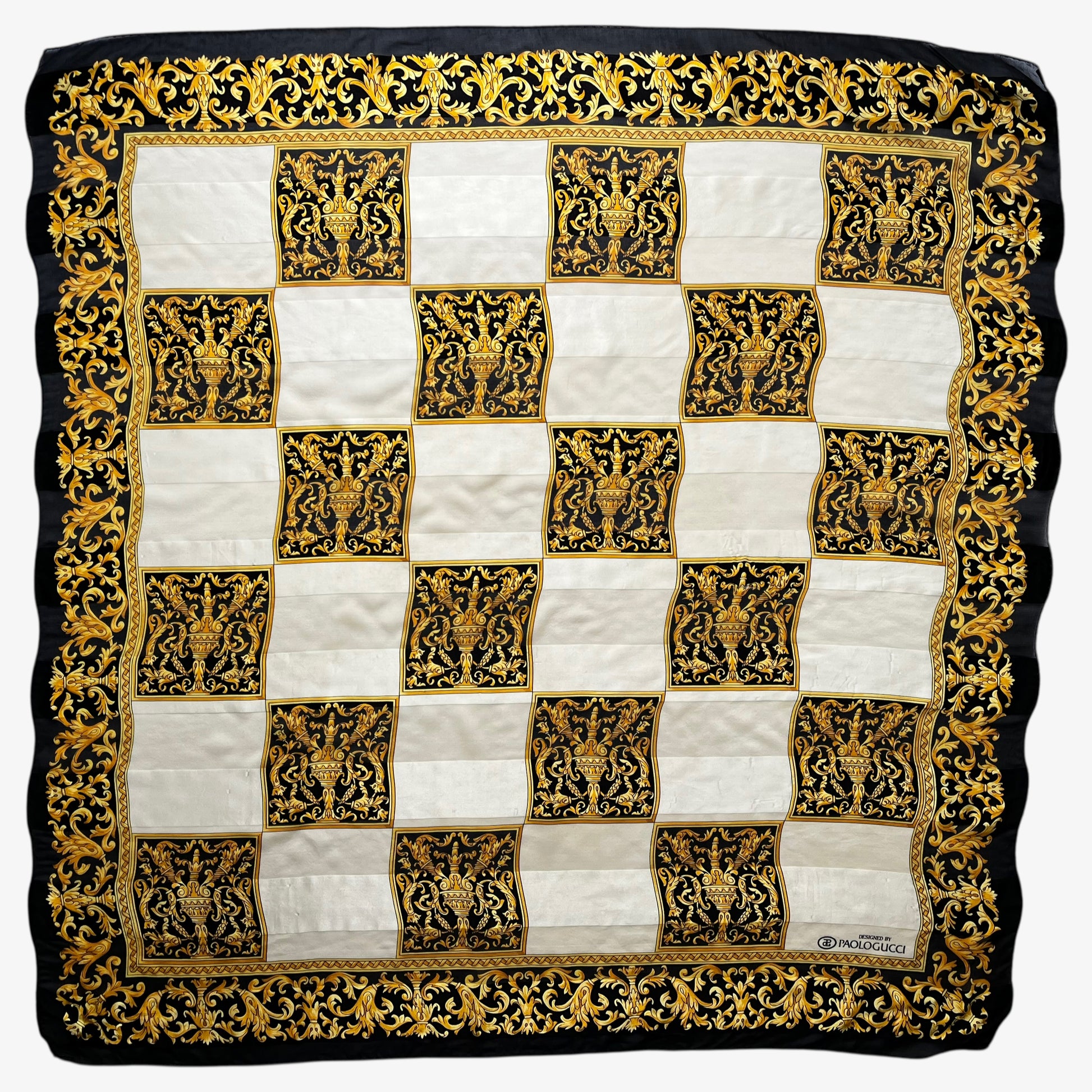 Women's vintage 90s Paolo Gucci baroque trophy checkered print silk scarf.