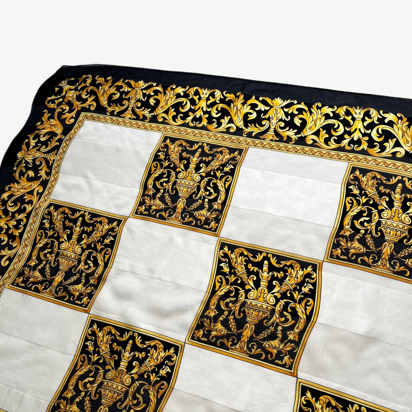 Patina on women's vintage 90s Paolo Gucci baroque trophy checkered print silk scarf.
