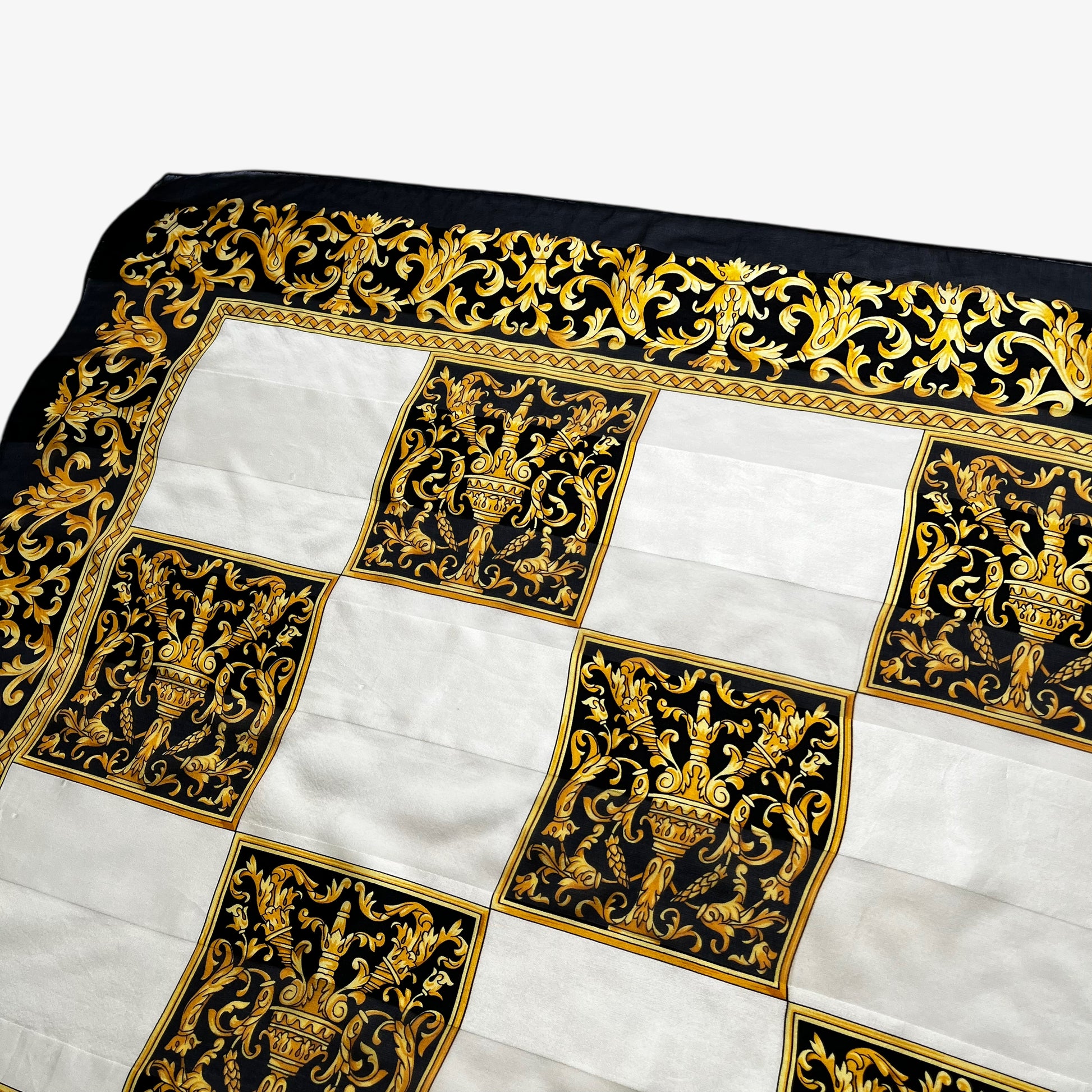 Patina on women's vintage 90s Paolo Gucci baroque trophy checkered print silk scarf.