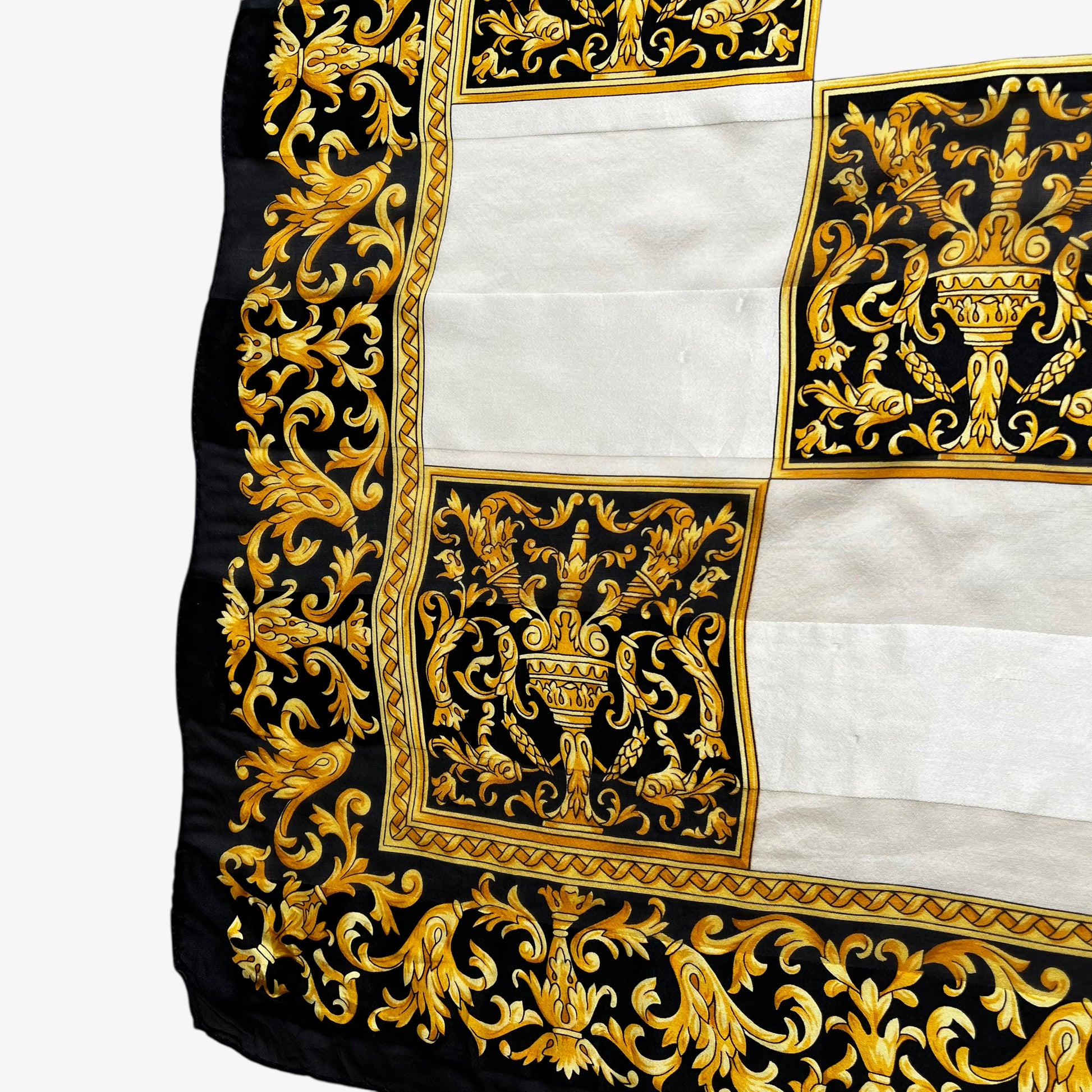 Wear on women's vintage 90s Paolo Gucci baroque trophy checkered print silk scarf.