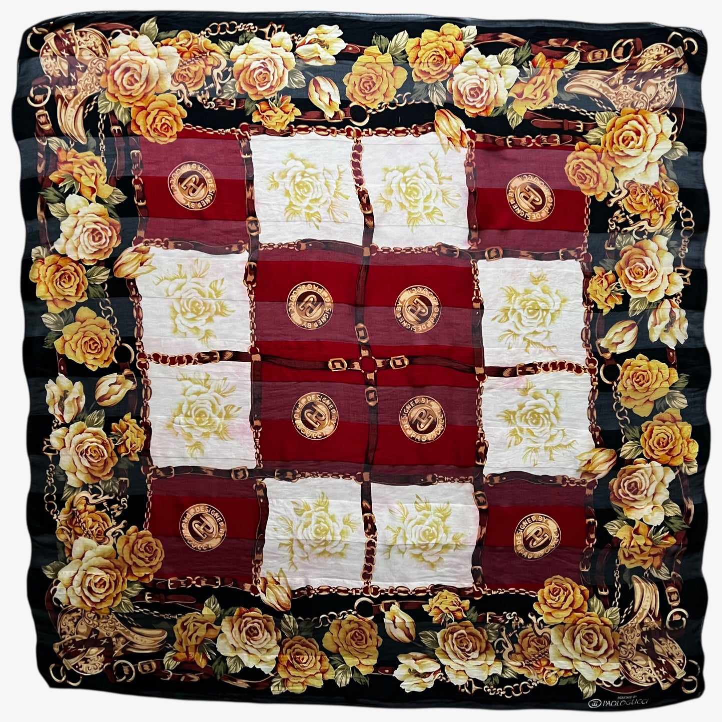 Women's vintage 80s Paolo Gucci black silk scarf featuring a checkered floral and equestrian buckle print.