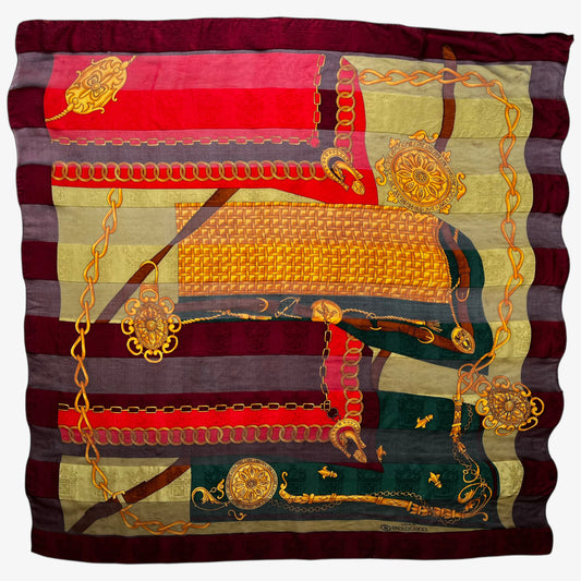 Vintage 80s women's Paolo Gucci equestrian buckle and embossed crest print silk scarf featuring a green and red stripe.