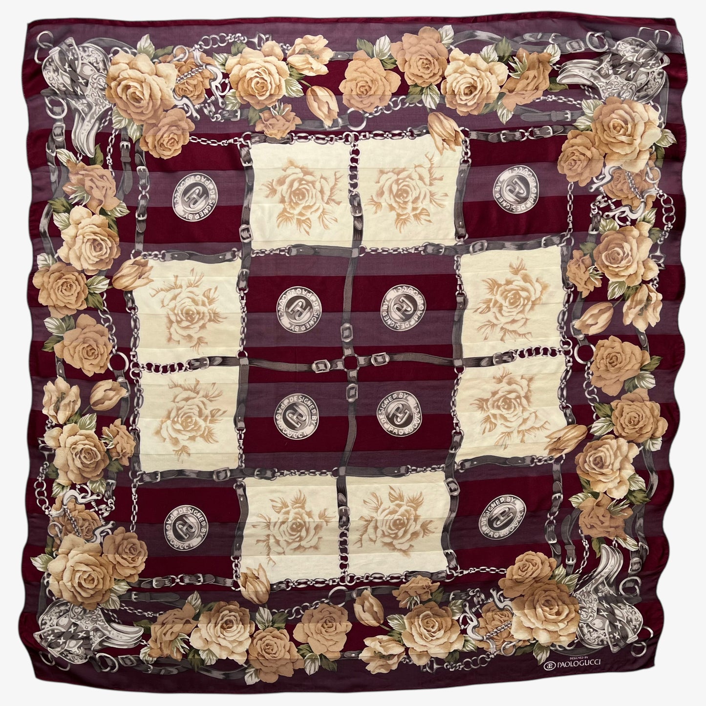 Women's vintage 90s Paolo Gucci equestrian buckle and floral checkered print red silk scarf.