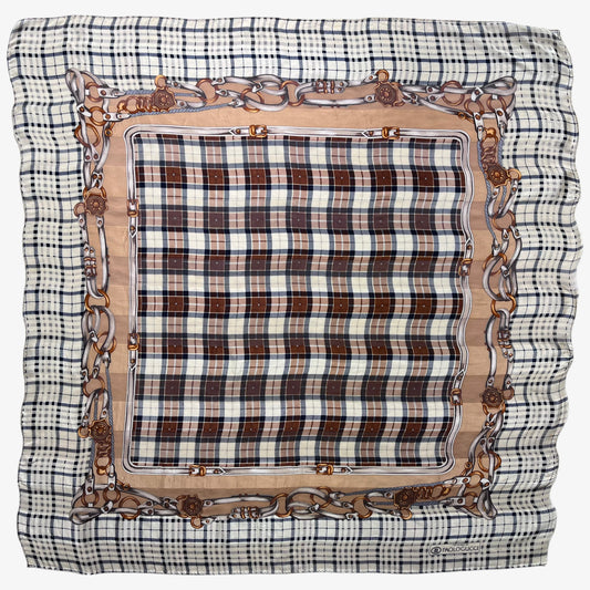 Women's vintage 80s Paolo Gucci equestrian buckle and tartan print brown silk scarf.