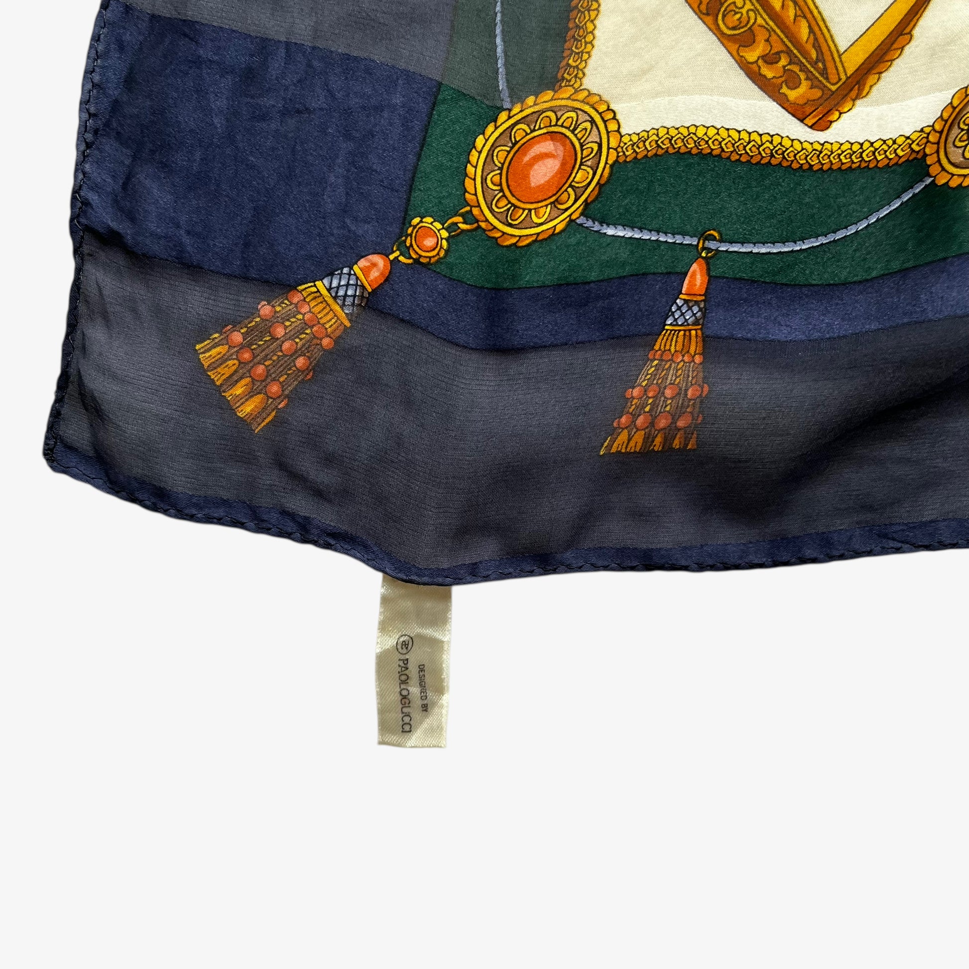 Paolo Gucci label on women's vintage 90s equestrian saddle and horsebit print silk scarf.