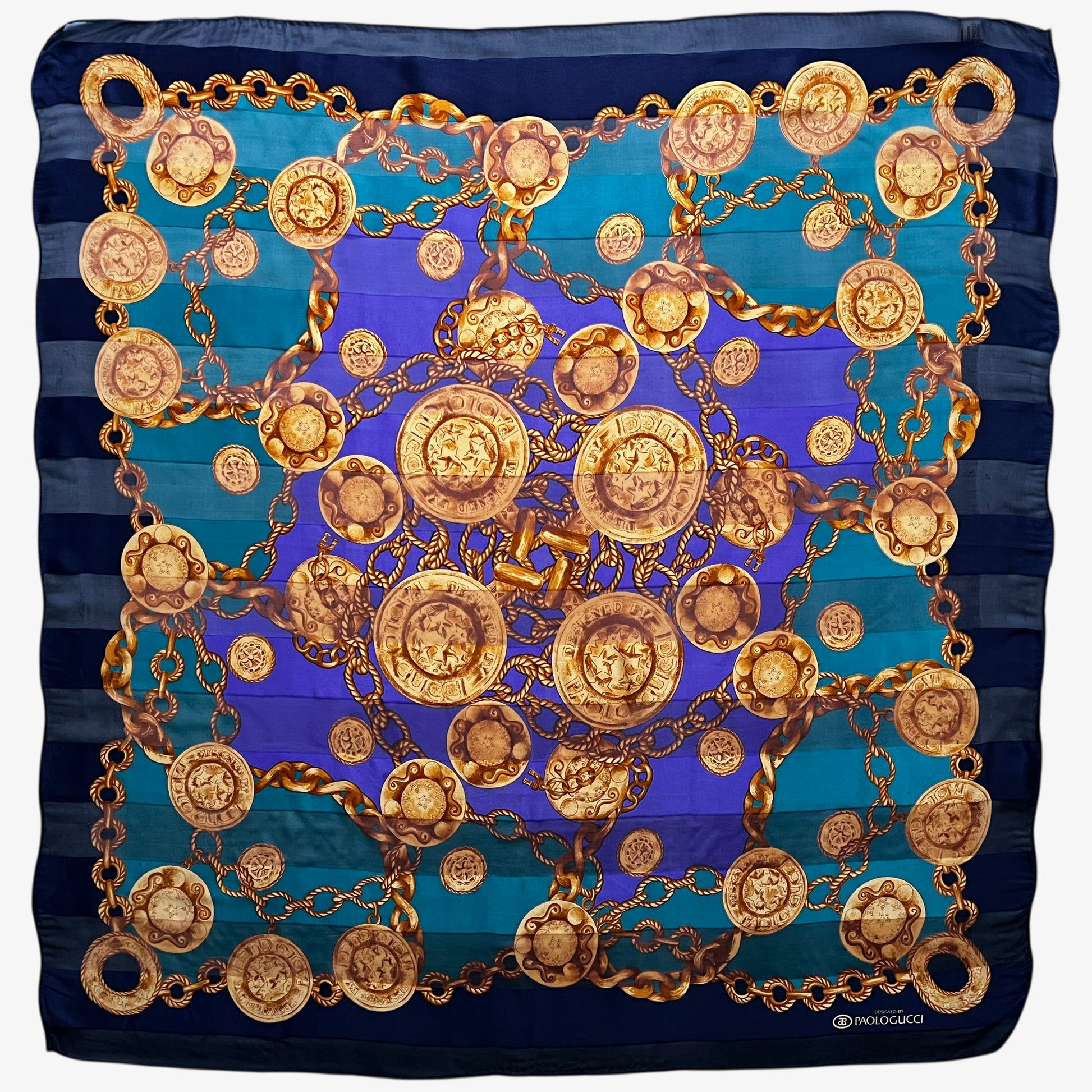 Women's vintage 90s Paolo Gucci gold medallion chain print green and purple silk scarf.