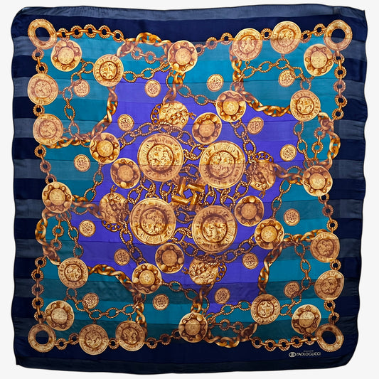 Women's vintage 90s Paolo Gucci gold medallion chain print green and purple silk scarf.