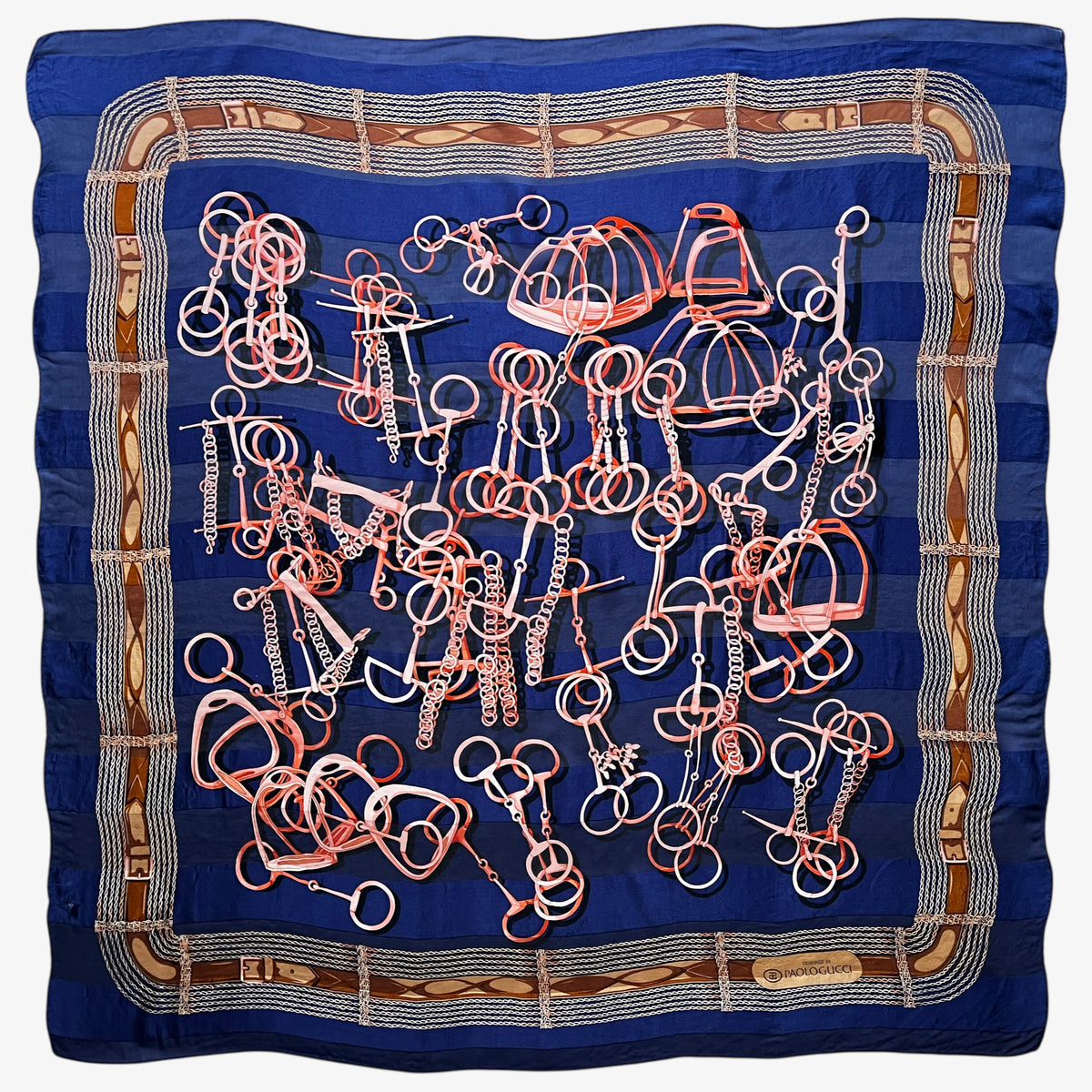 Vintage 80s women's Paolo Gucci pink horsebit and brown equestrian strap print navy silk scarf.