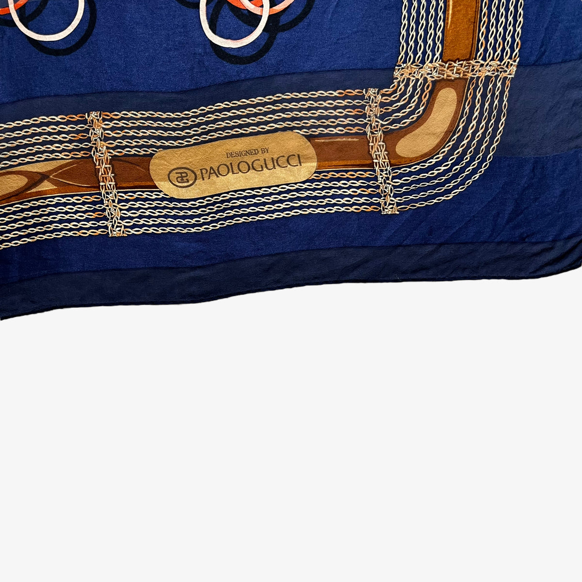 Paolo Gucci print logo on vintage 80s women's pink horsebit and brown equestrian strap print navy silk scarf.