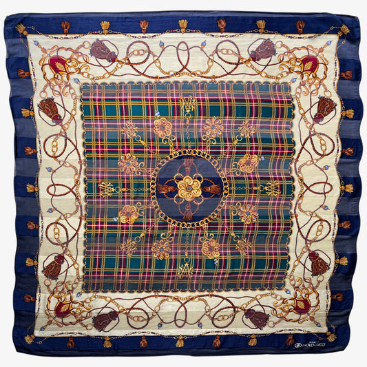 Women's vintage 90s Paolo Gucci Sam Whan medallion chain and green tartan print navy silk scarf.