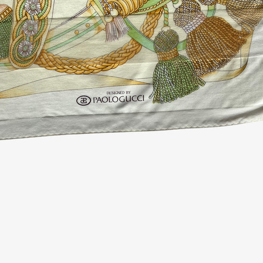 Paolo Gucci spell out logo on vintage 80s women's Sam Whan royal rope print striped silk scarf.