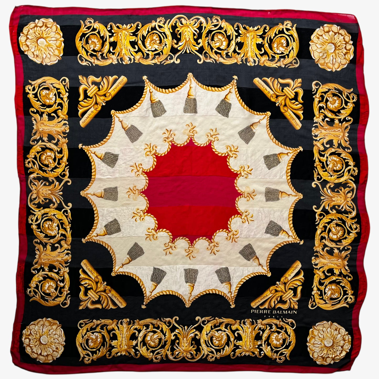 Vintage 80s women's Pierre Balmain baroque rope print black silk scarf.