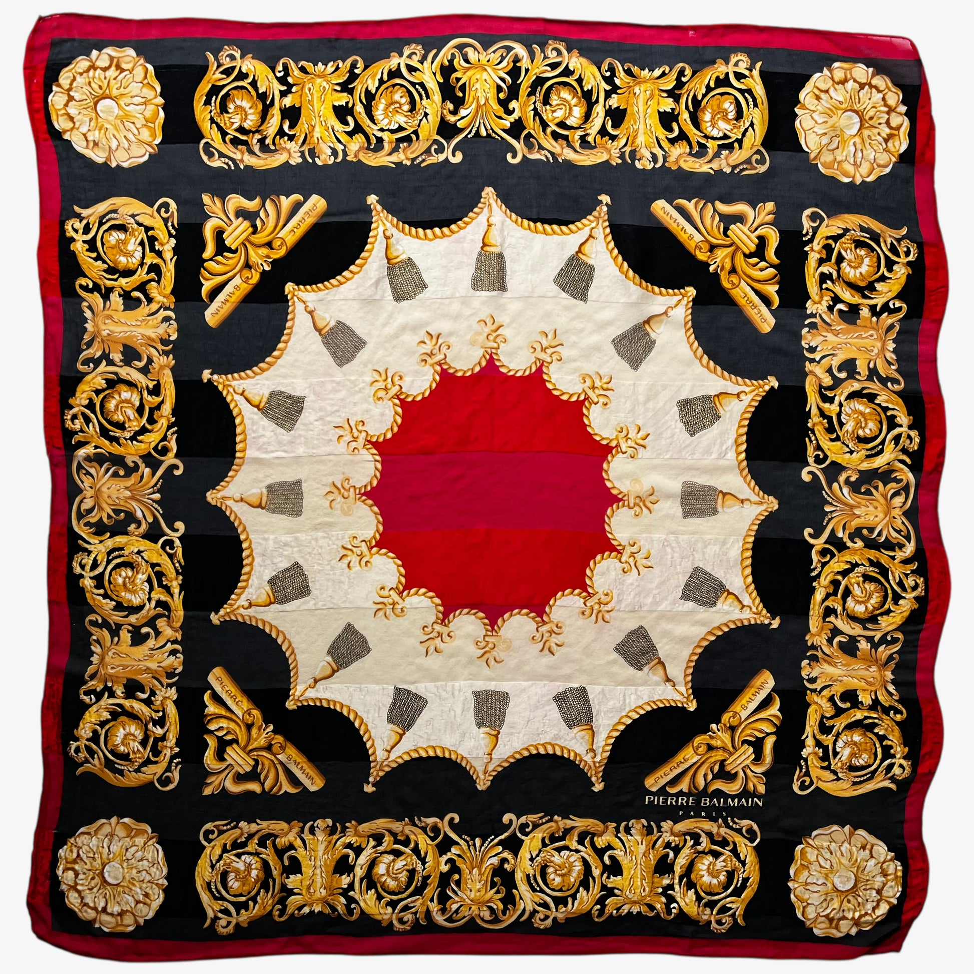 Vintage 80s women's Pierre Balmain baroque rope print black silk scarf.