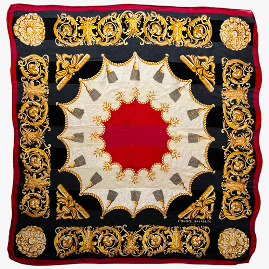 Vintage 80s women's Pierre Balmain baroque rope print black silk scarf.