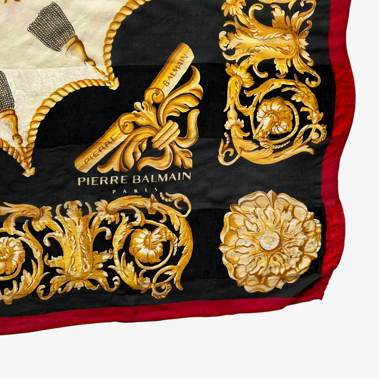 Pierre Balmain spell out logo on vintage 80s women's baroque rope print black silk scarf.