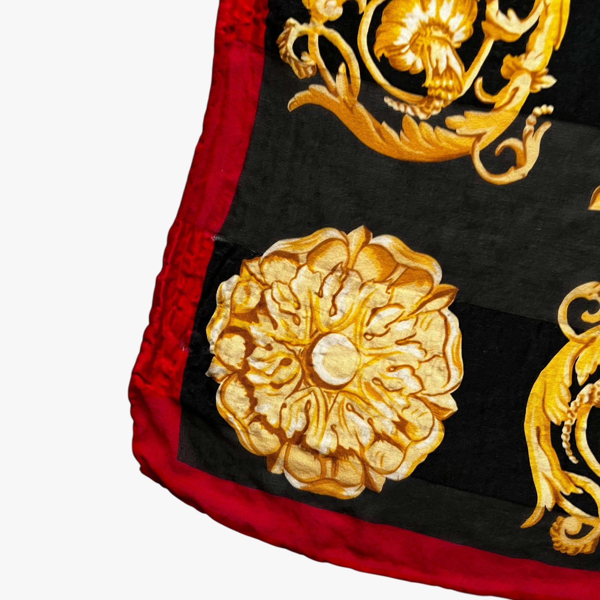 Patina on vintage 80s women's Pierre Balmain baroque rope print black silk scarf.