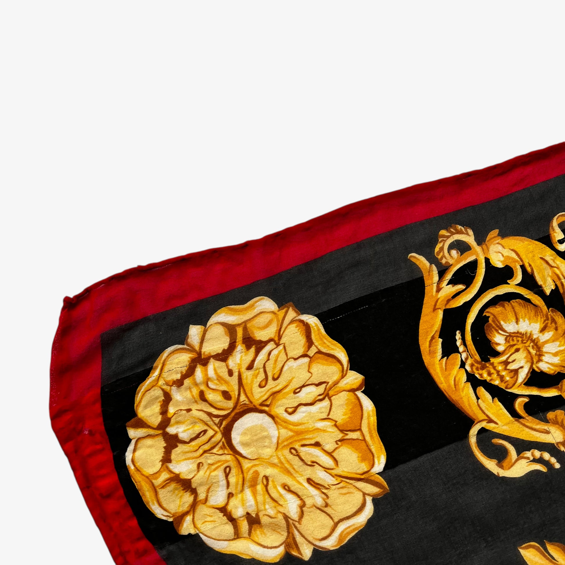 Wear on the corner of vintage 80s women's Pierre Balmain baroque rope print black silk scarf.