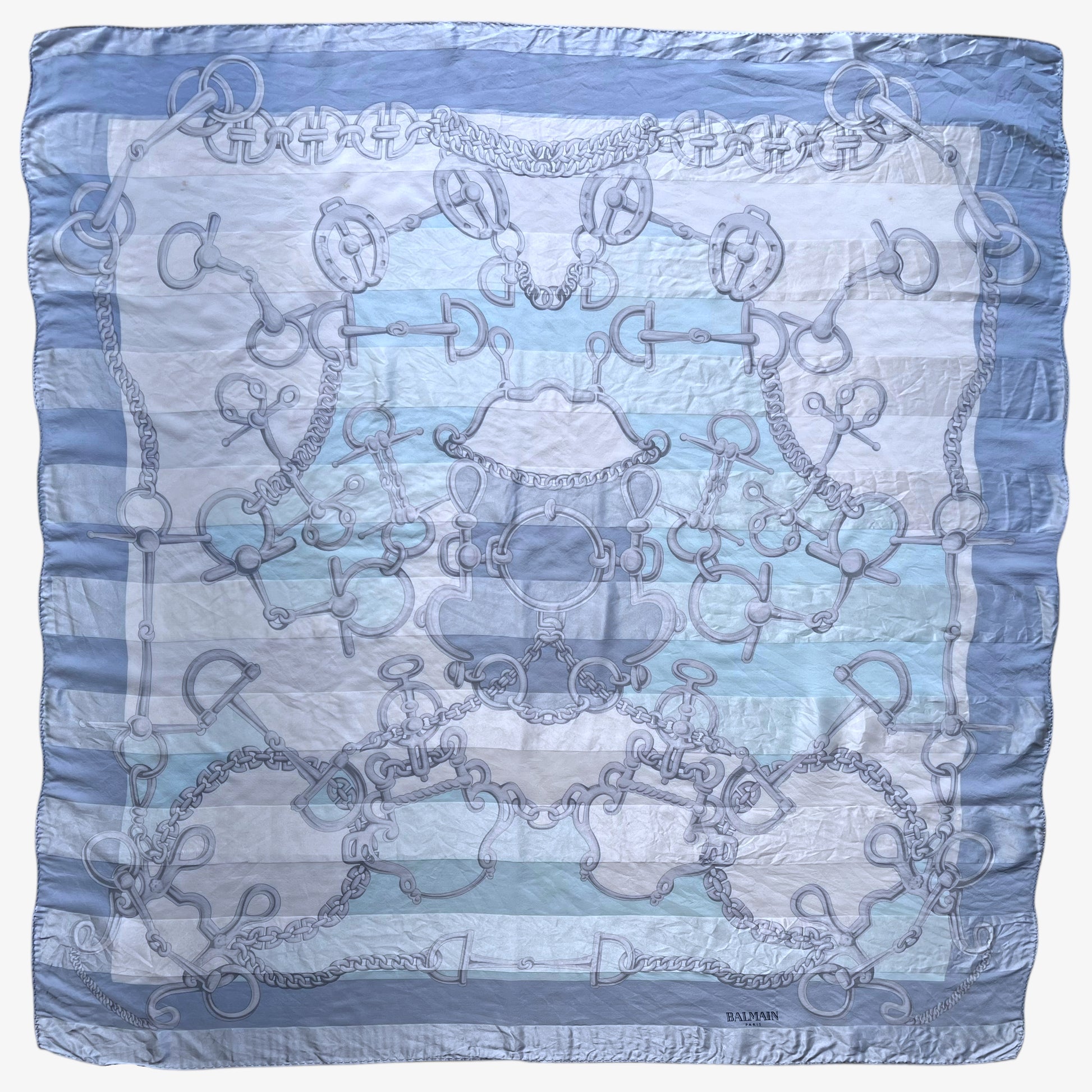 Women's vintage 90s Pierre Balmain Paris geometric horsebit print blue silk scarf.