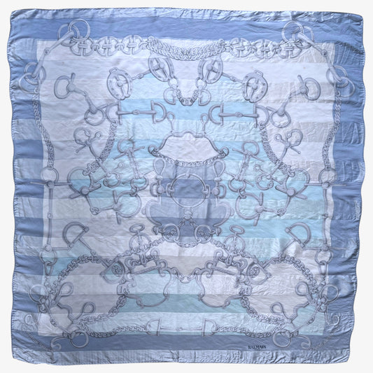 Women's vintage 90s Pierre Balmain Paris geometric horsebit print blue silk scarf.