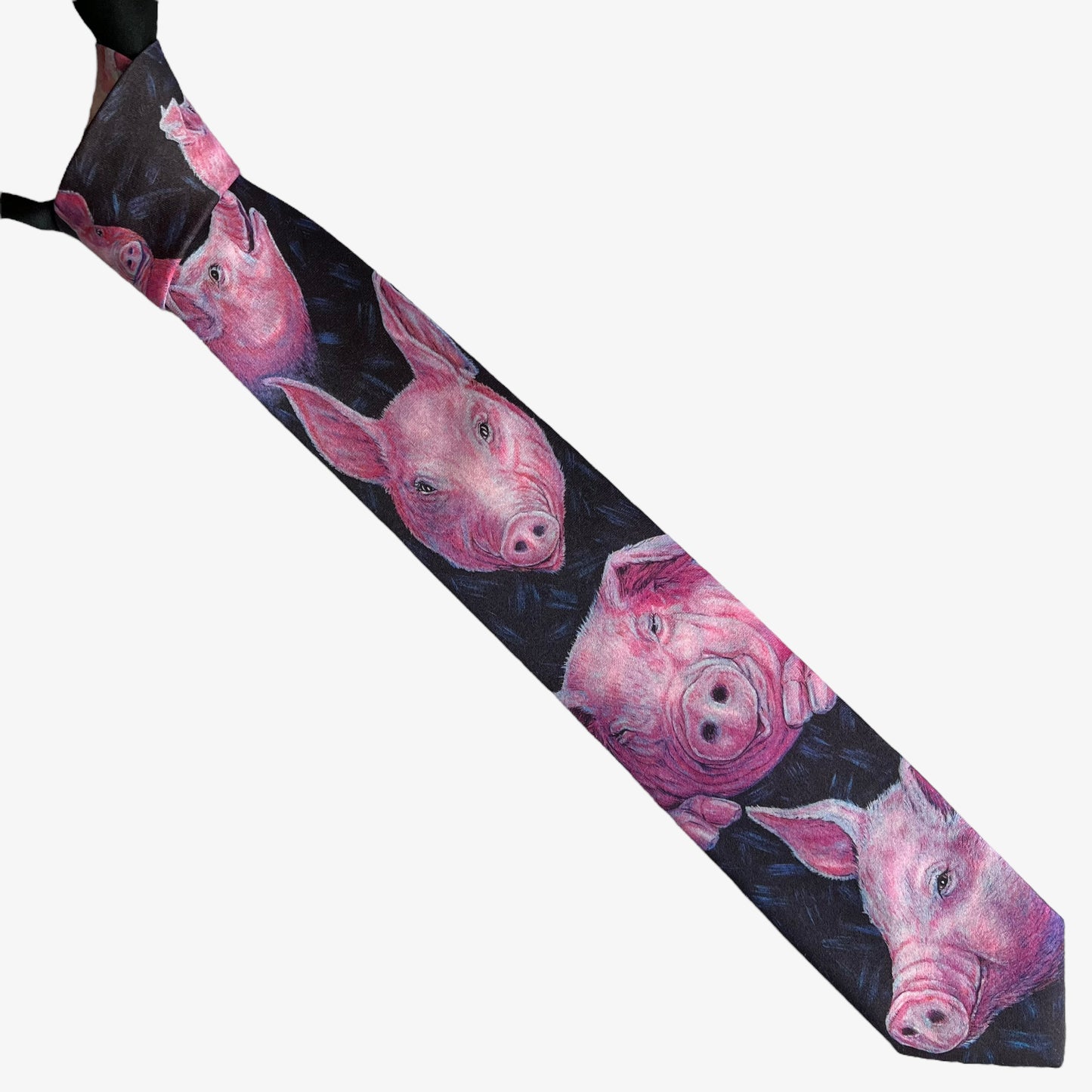 Vintage 80s Ralph Marlin 1989 Pink Pig Print Black Polyester Tie - Casspios Dream