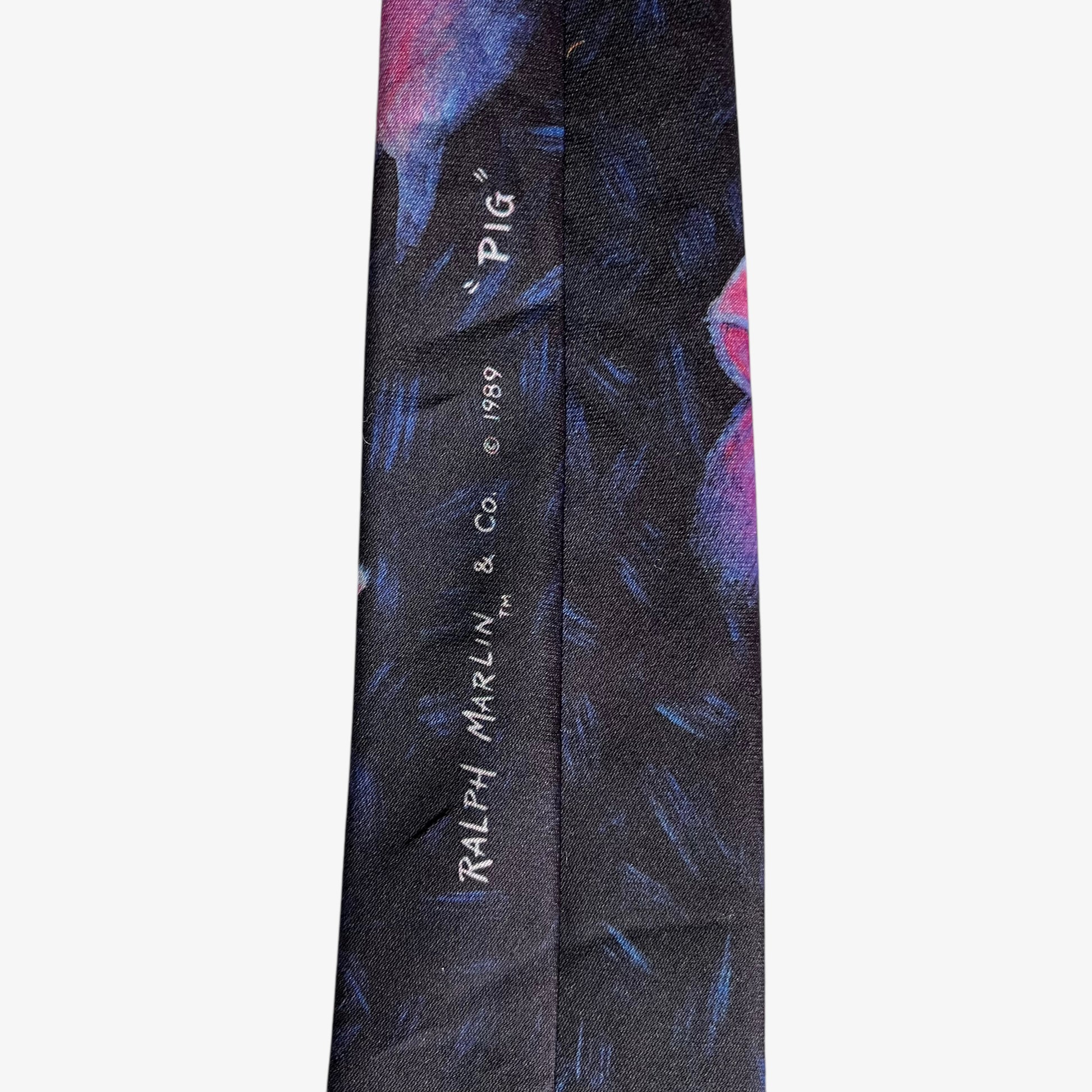 Vintage 80s Ralph Marlin 1989 Pink Pig Print Black Polyester Tie Date - Casspios Dream
