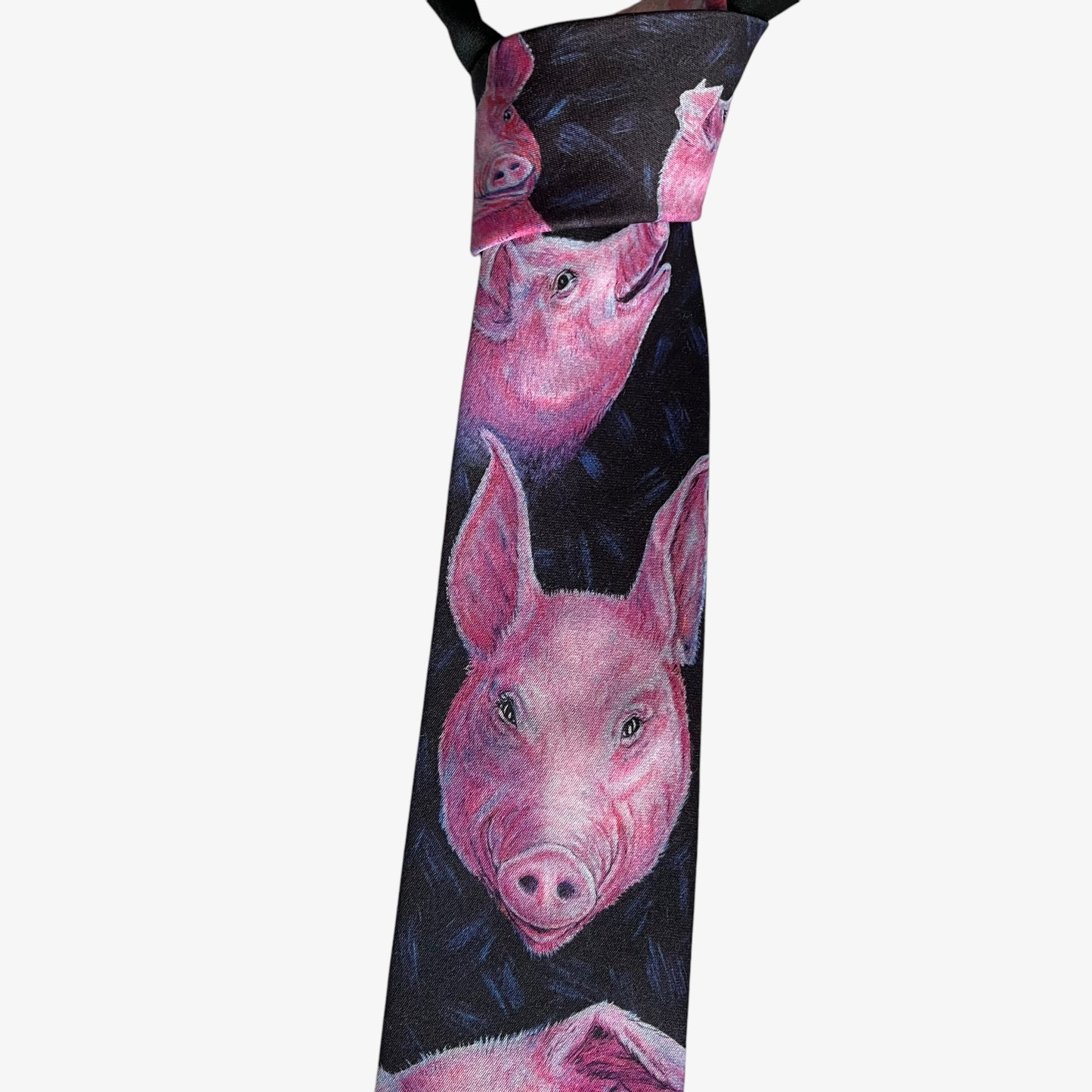 Vintage 80s Ralph Marlin 1989 Pink Pig Print Black Polyester Tie Funky - Casspios Dream