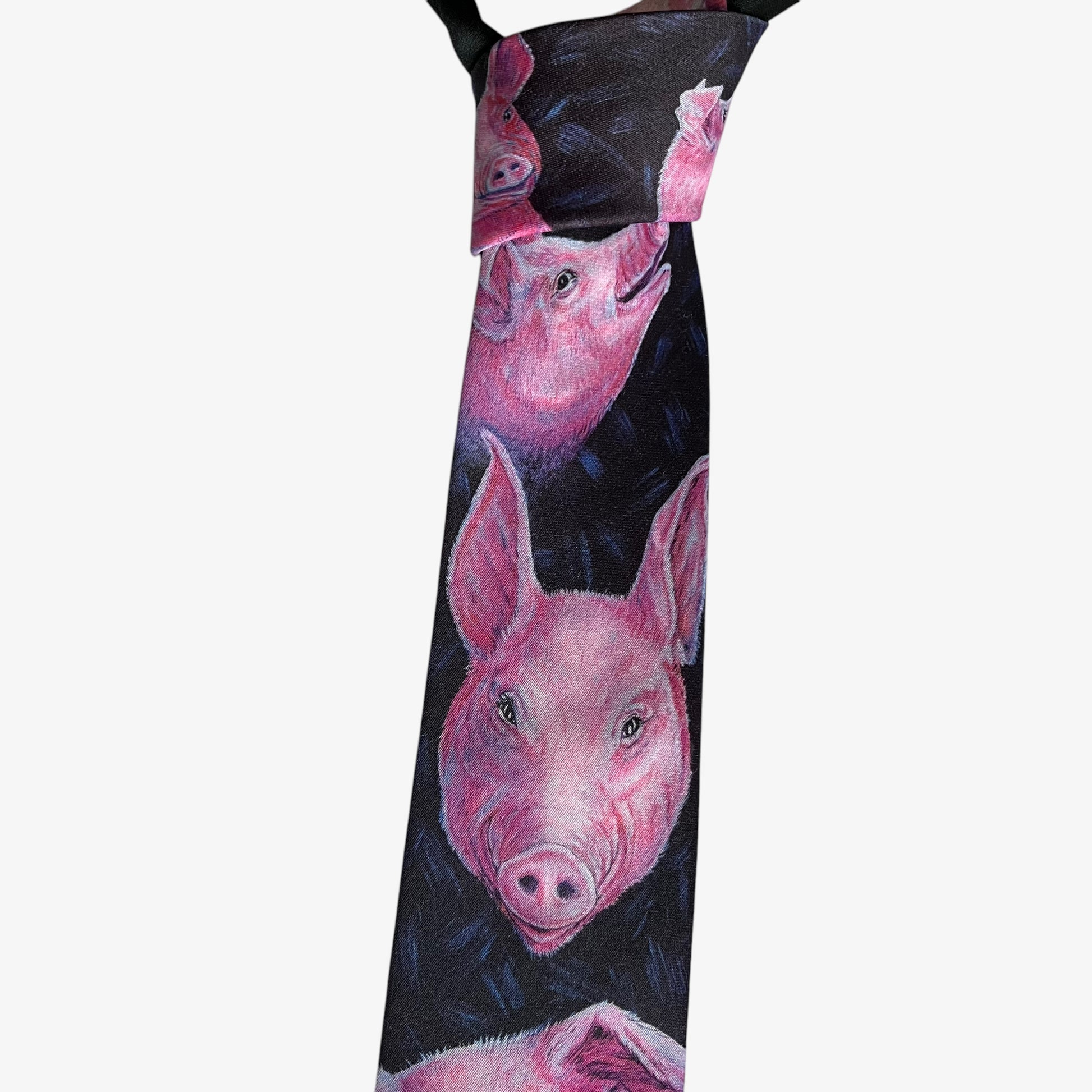 Vintage 80s Ralph Marlin 1989 Pink Pig Print Black Polyester Tie Funky - Casspios Dream