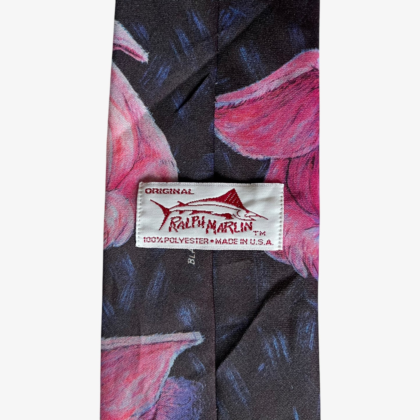 Vintage 80s Ralph Marlin 1989 Pink Pig Print Black Polyester Tie Label - Casspios Dream