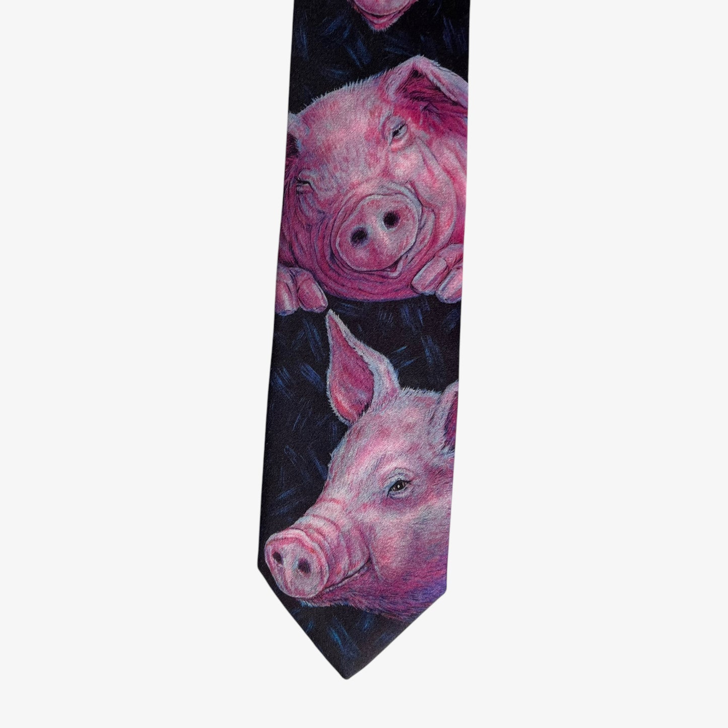 Vintage 80s Ralph Marlin 1989 Pink Pig Print Black Polyester Tie Novelty - Casspios Dream