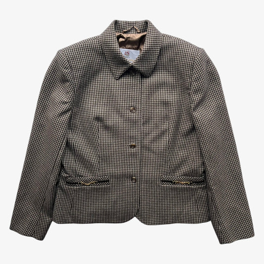 Vintage 80s women's Aquascutum brown houndstooth patterned blazer on a white background.