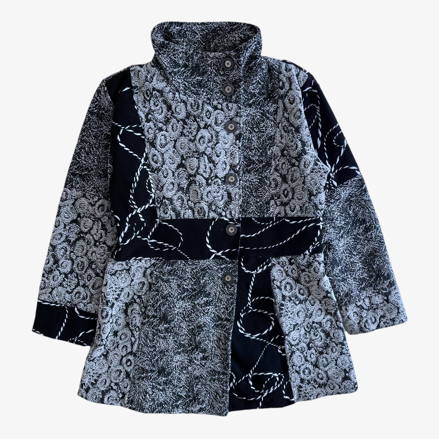 Vintage 80s Womens Black And White Abstract Patchwork Print Wool Coat - Casspios Dream