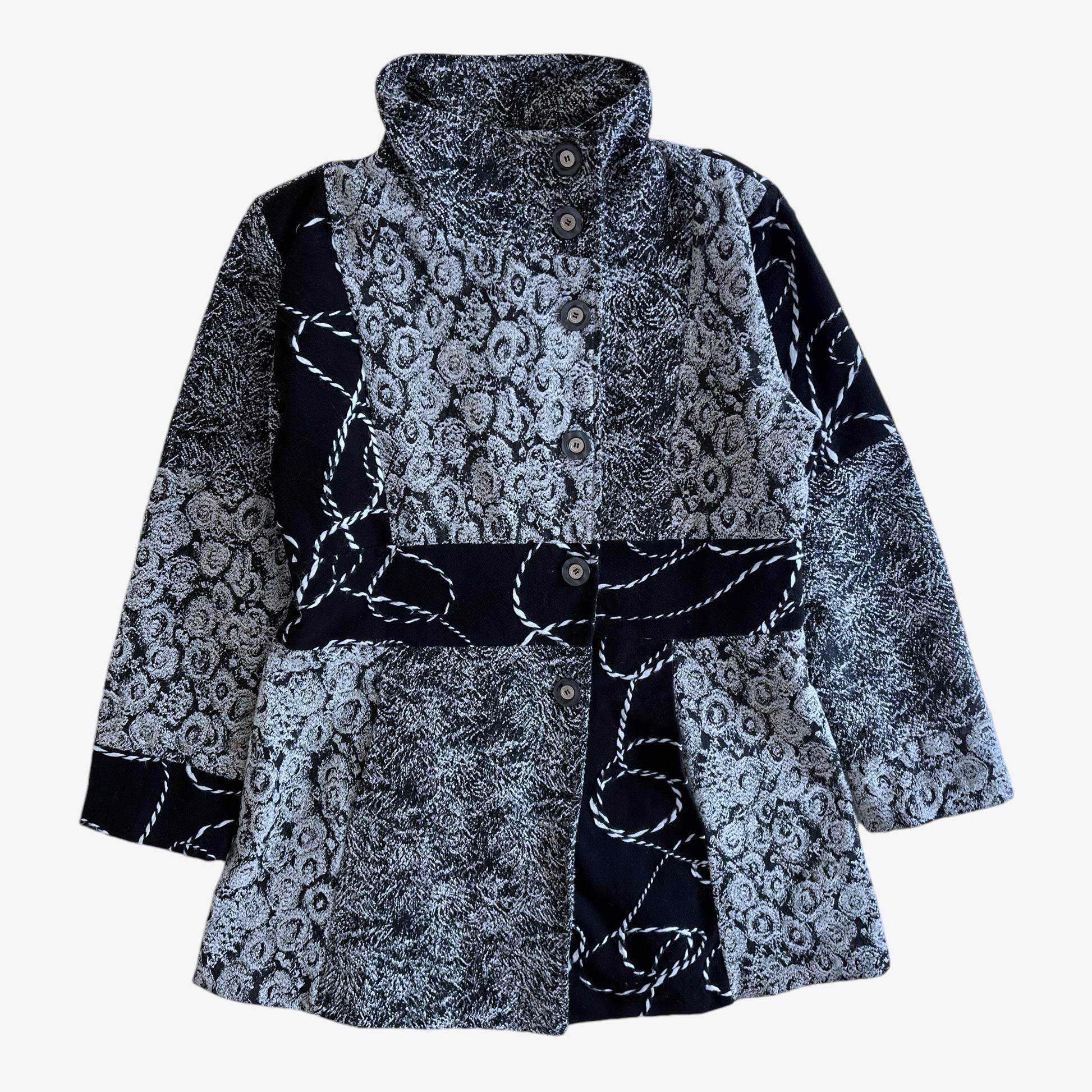 Vintage 80s Womens Black And White Abstract Patchwork Print Wool Coat - Casspios Dream