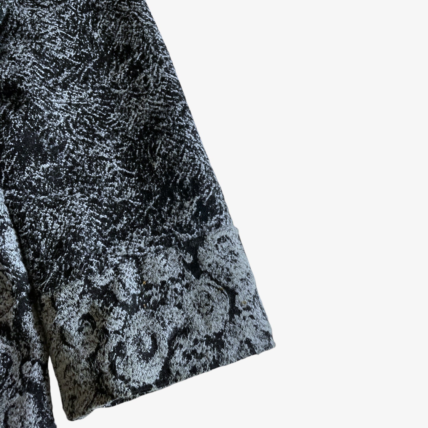 Vintage 80s Womens Black And White Abstract Patchwork Print Wool Coat Cuff - Casspios Dream