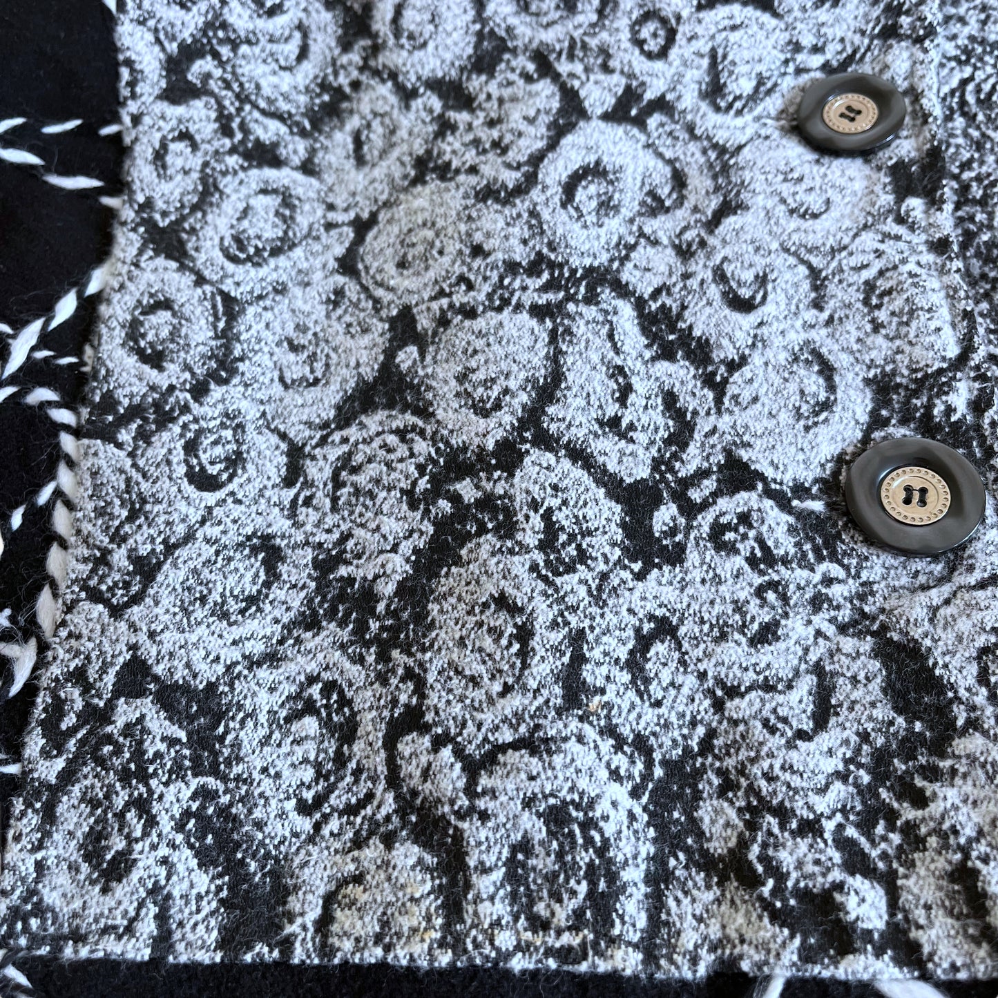 Vintage 80s Womens Black And White Abstract Patchwork Print Wool Coat Mark - Casspios Dream