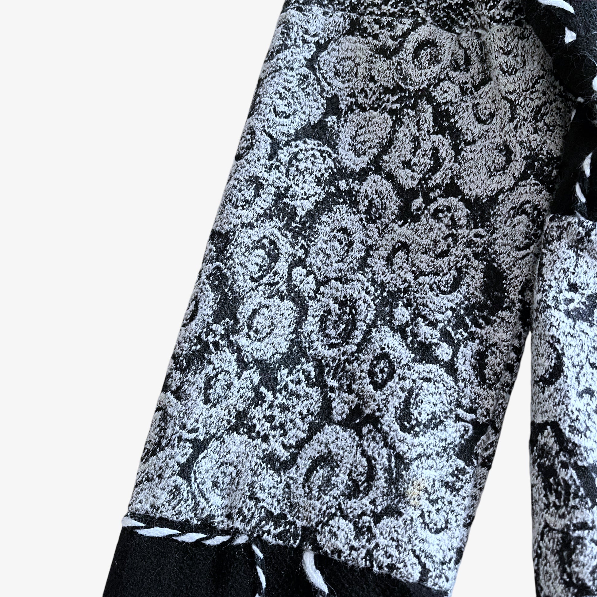 Vintage 80s Womens Black And White Abstract Patchwork Print Wool Coat Sleeve - Casspios Dream