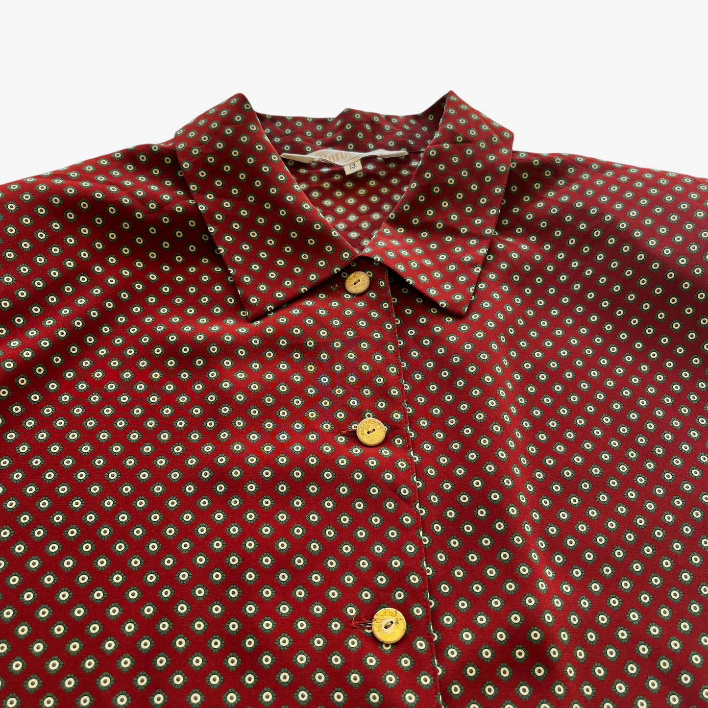 Vintage 80s Womens Burberry Geometric Print Red Shirt With Shoulder Pads Buttons - Casspios Dream