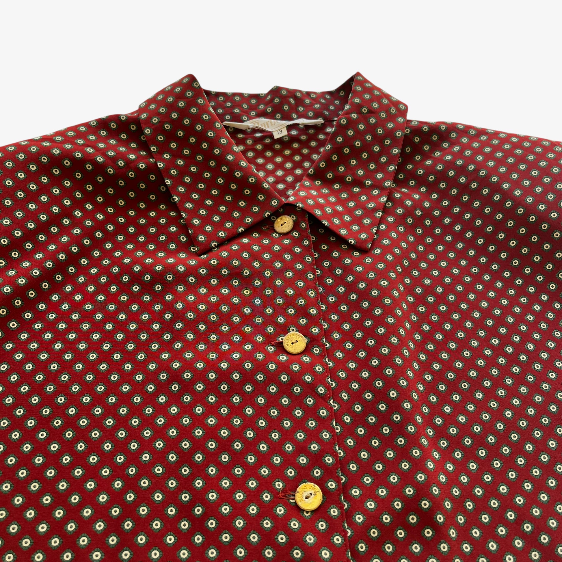 Vintage 80s Womens Burberry Geometric Print Red Shirt With Shoulder Pads Buttons - Casspios Dream