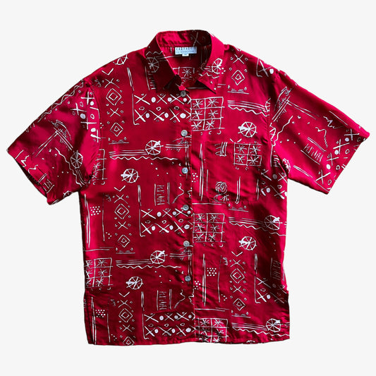 Vintage 80s Womens Carnabys Collection Abstract Print Short Sleeve Red Silk Shirt - Casspios Dream