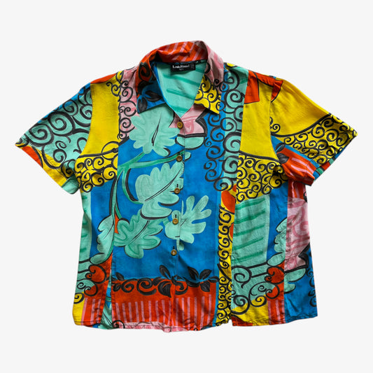 Vintage 80s Womens Louis Feraud Abstract Floral Print Short Sleeve Silk Shirt - Casspios Dream