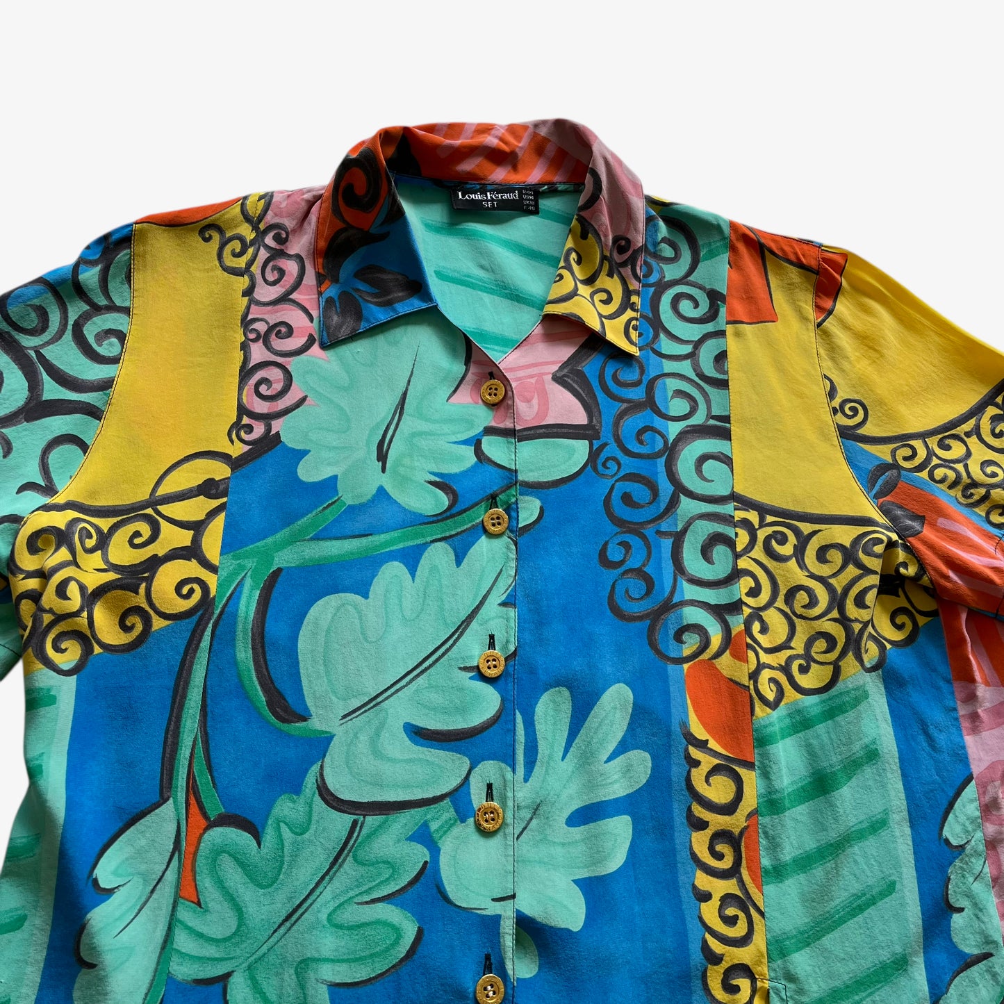 Vintage 80s Womens Louis Feraud Abstract Floral Print Short Sleeve Silk Shirt Colourful - Casspios Dream