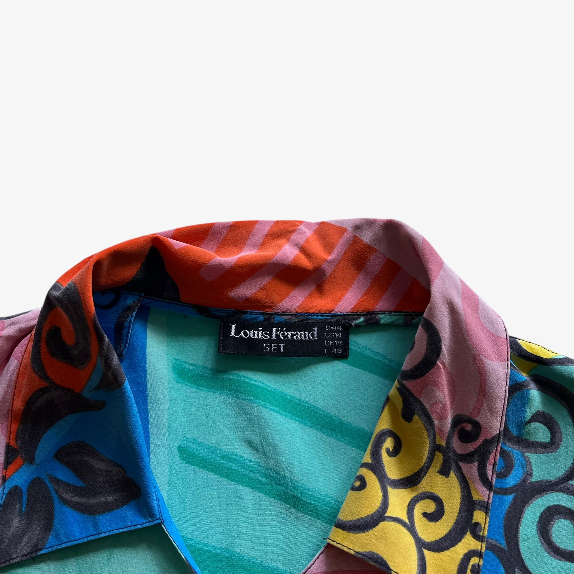 Vintage 80s Womens Louis Feraud Abstract Floral Print Short Sleeve Silk Shirt Label - Casspios Dream