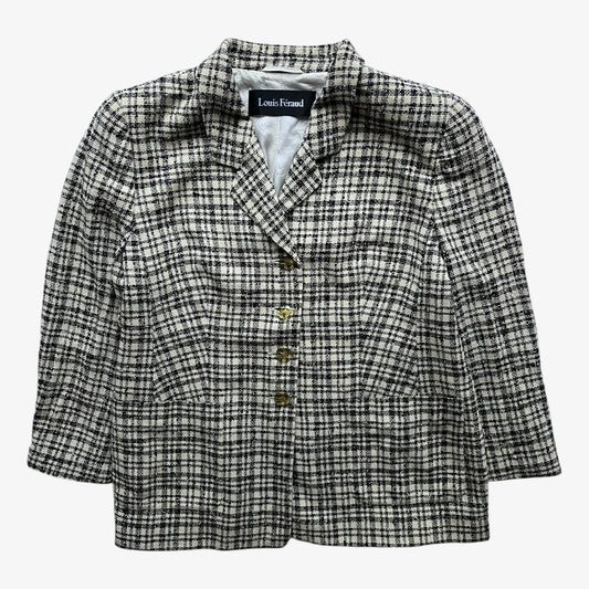 Vintage 80s women's Louis Feraud cream and black striped tartan blazer.