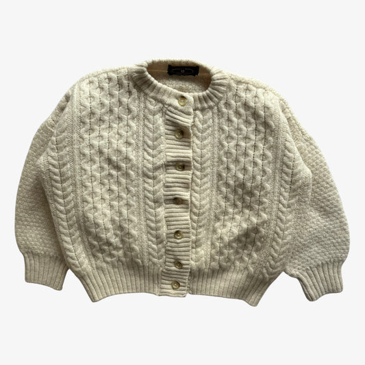 Vintage 80s Womens Murray Brothers Of Hawick Scotland Cream Pure New Wool Cable Knit Cardigan - Casspios Dream