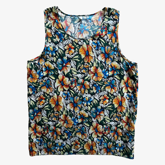 Vintage 80s Womens Orange And Green Floral Print Silk Top - Casspios Dream