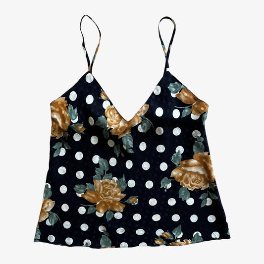 Vintage 80s Womens Polka Dot And Floral Print Black Silk Top - Casspios Dream