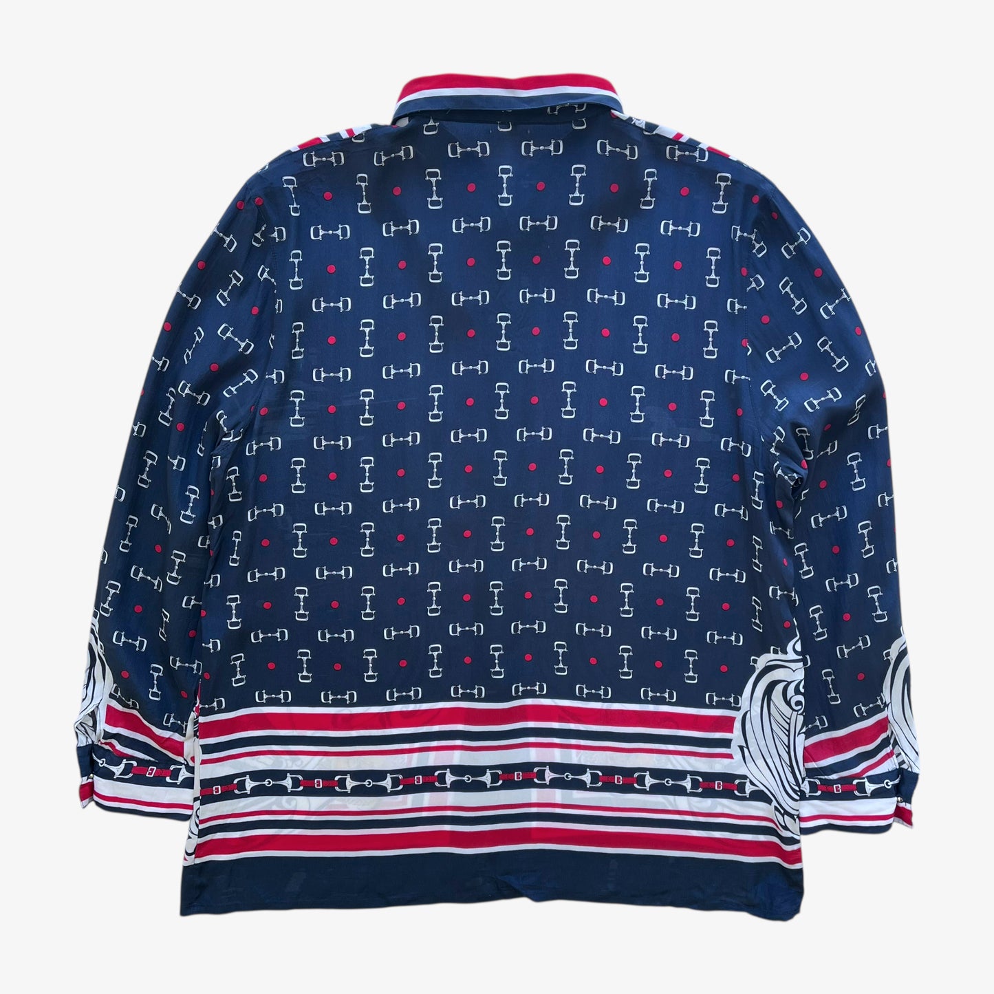 Vintage 80s Womens Polo Player And Horsebit Print Silk Blend Shirt Back - Casspios Dream