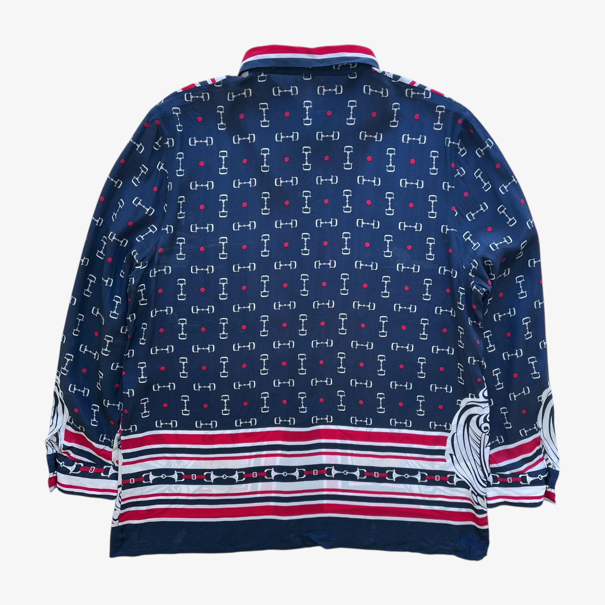 Vintage 80s Womens Polo Player And Horsebit Print Silk Blend Shirt Back - Casspios Dream