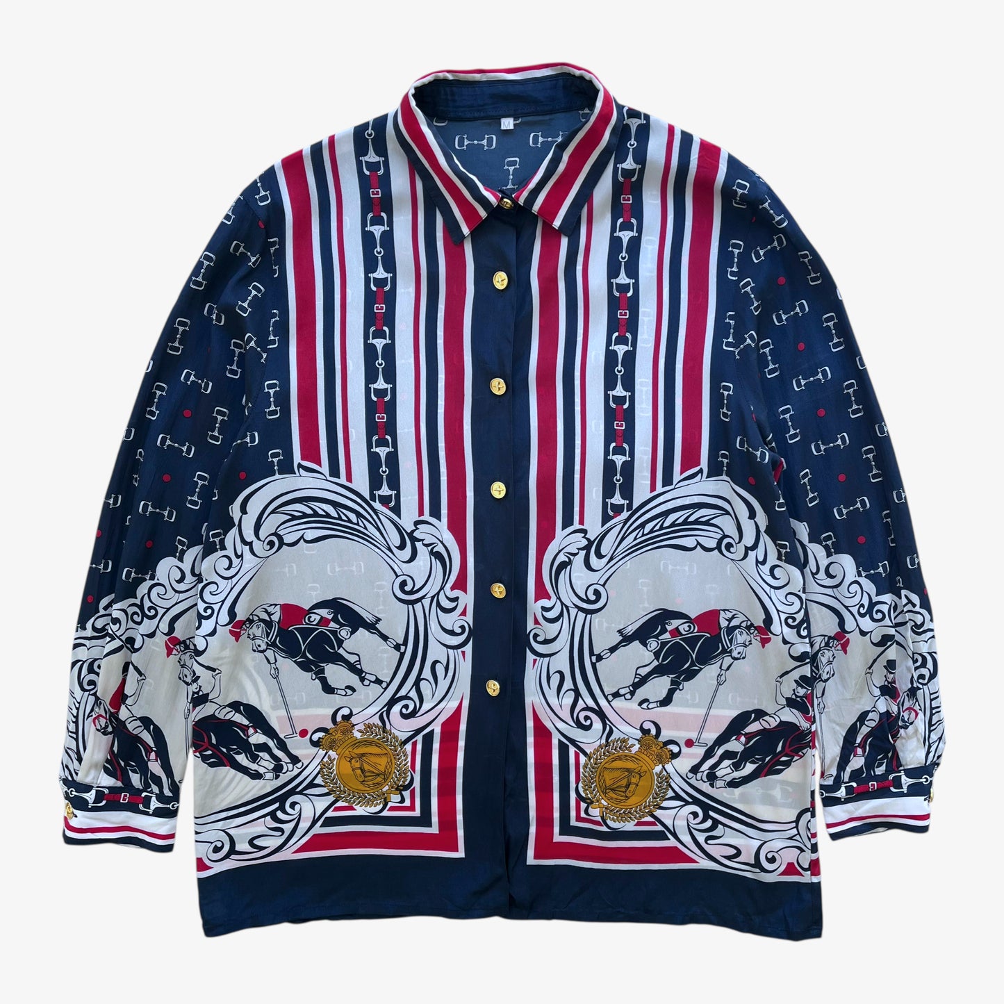 Vintage 80s Womens Polo Player And Horsebit Print Silk Blend Shirt - Casspios Dream