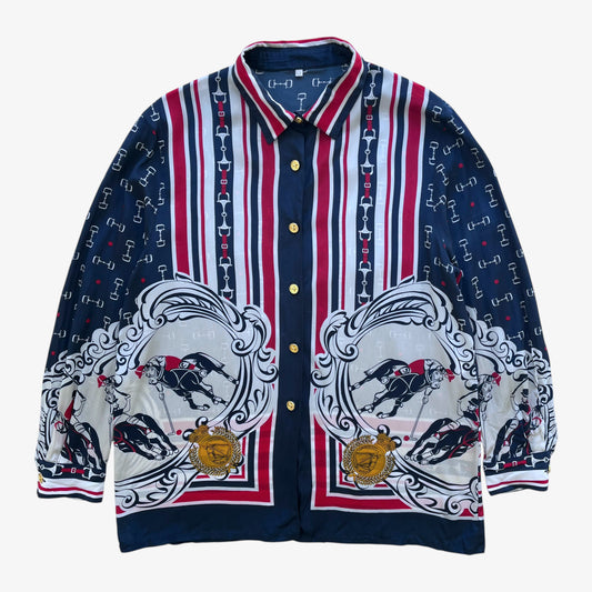 Vintage 80s Womens Polo Player And Horsebit Print Silk Blend Shirt - Casspios Dream
